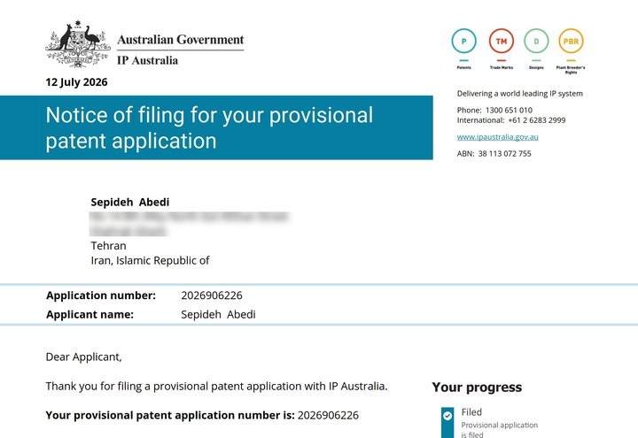 Notice of filing issued by IP Australia on 12 July 2026 for provisional patent application 2026906226.